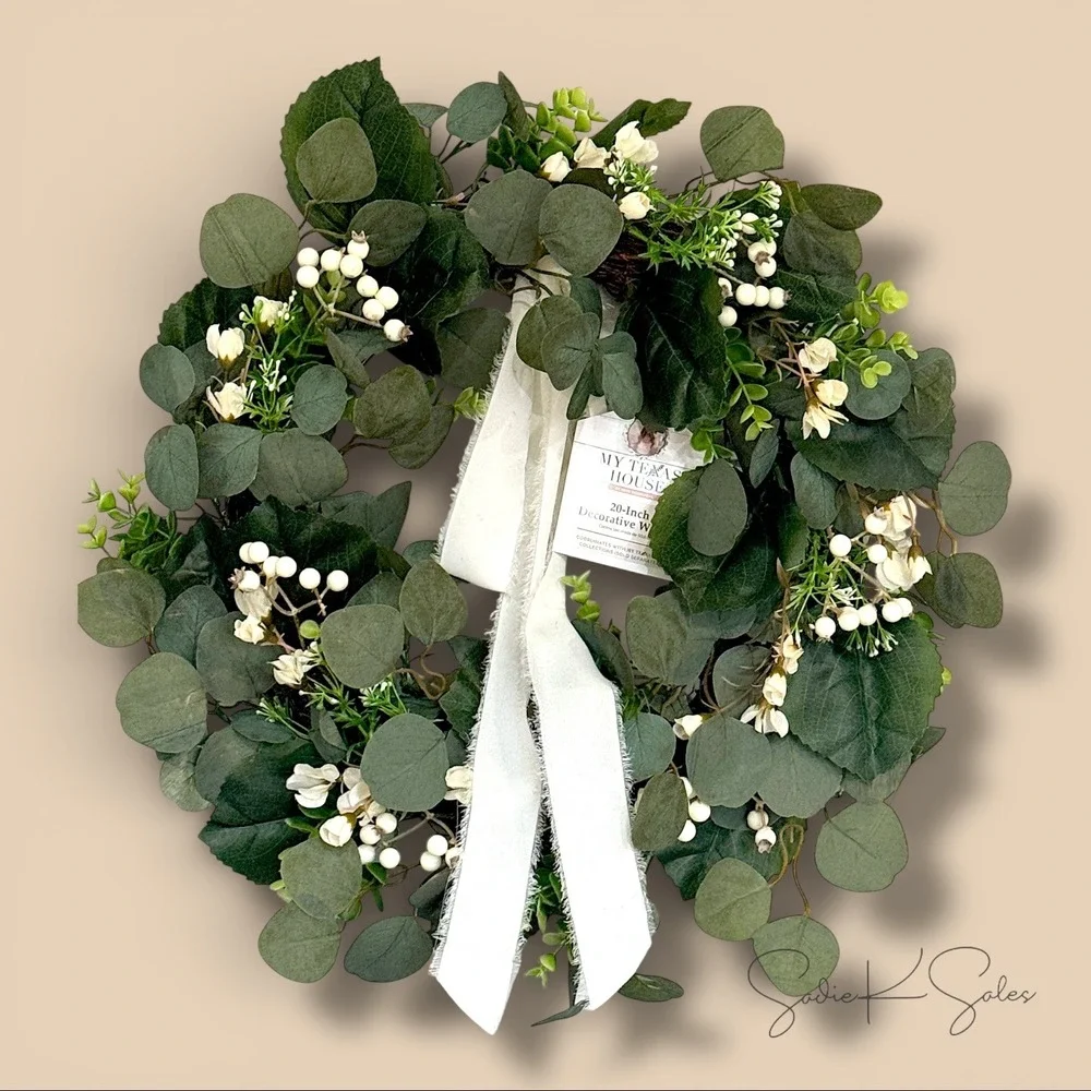 My Texas‎ House Decorative Wreath – Green White Ribbon Bow, Spring Easter